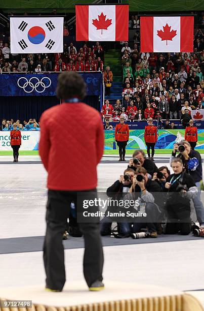 Gold medalist Charles Hamelin of Canada celebrates after the Men's 500m Short Track Speed Skating Final on day 15 of the 2010 Vancouver Winter...