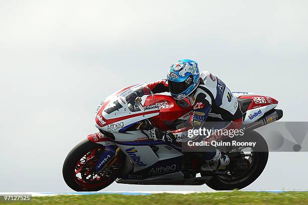 Carlos Checa of Spain and the Althea Racing Team in action during Superpole for round one of the Superbike World Championship at Phillip Island Grand...