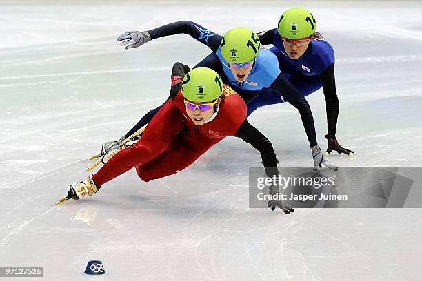 Wang Meng of China Park Seung-Hi of South Korea, Katherine Reutter of the United States compete in the Ladies 1000m Short Track Speed Skating Final...