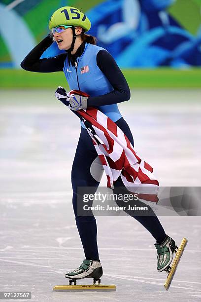 Katherine Reutter of the United States celebrates the silver medal in the Ladies 1000m Short Track Speed Skating Final on day 15 of the 2010...