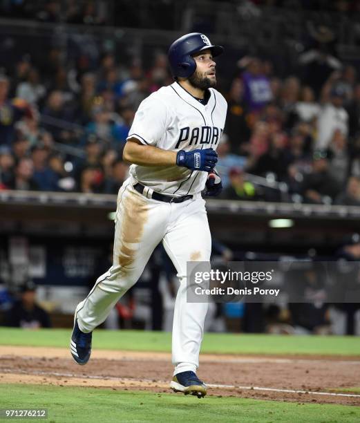 Raffy Lopez of the San Diego Padres plays during a baseball game against the Atlanta Braves at PETCO Park on June 4, 2018 in San Diego, California.