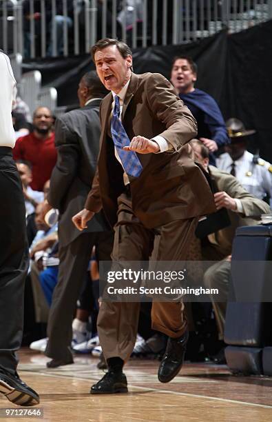 Head Coach Rick Carlisle of the Dallas Mavericks disputes a call during the game against the Atlanta Hawks on February 26, 2010 at Philips Arena in...