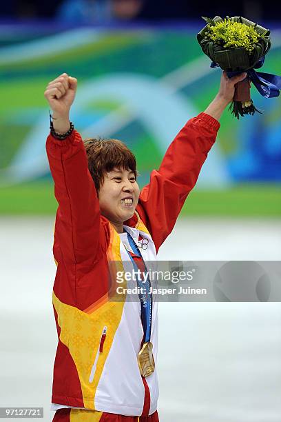 Wang Meng of China celebrates winning the gold medal in the Ladies 1000m Short Track Speed Skating Final on day 15 of the 2010 Vancouver Winter...