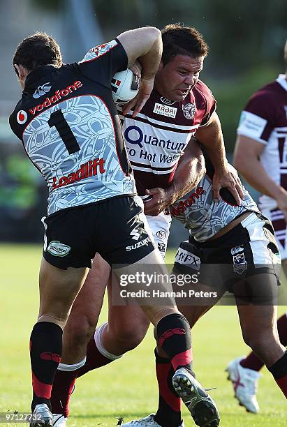 George Rose of the Sea Eagles attacks during the NRL trial match between the Warriors and the Manly Warringah Sea Eagles at North Harbour Stadium on...