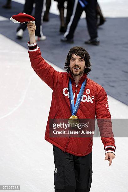 Charles Hamelin of Canada celebrates the gold medal after the Men's 5000m Relay Short Track Speed Skating Final on day 15 of the 2010 Vancouver...