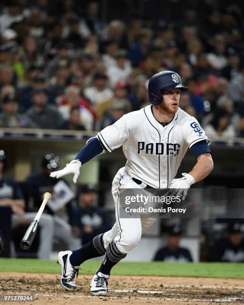 Cory Spangenberg of the San Diego Padres plays during a baseball game against the Atlanta Braves at PETCO Park on June 4, 2018 in San Diego,...