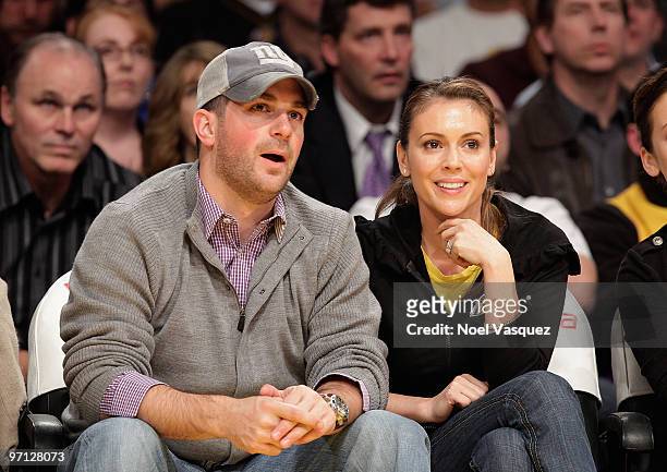 David Bugliari and Alyssa Milano attend a game between the Philadelphia 76ers and the Los Angeles Lakers at Staples Center on February 26, 2010 in...