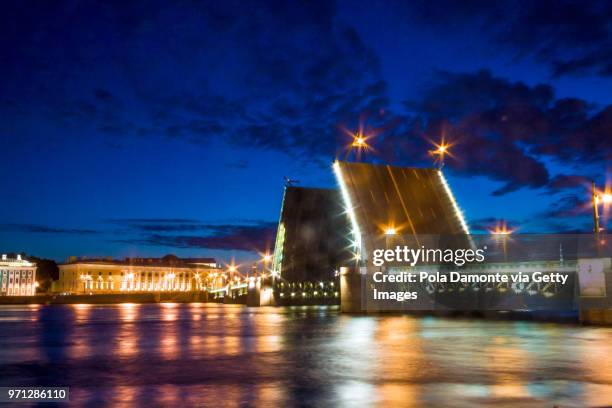 dvortsoviy bridge on neva river, in the white nights in saint petersburg, russia - pola damonte stockfoto's en -beelden
