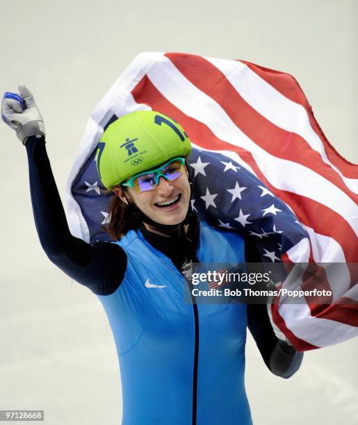 Katherine Reutter of the United States celebrates the silver medal in the Ladies 1000m Short Track Speed Skating Final on day 15 of the 2010...