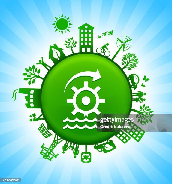 water wheel environment green button background on blue sky - wheel bug stock illustrations