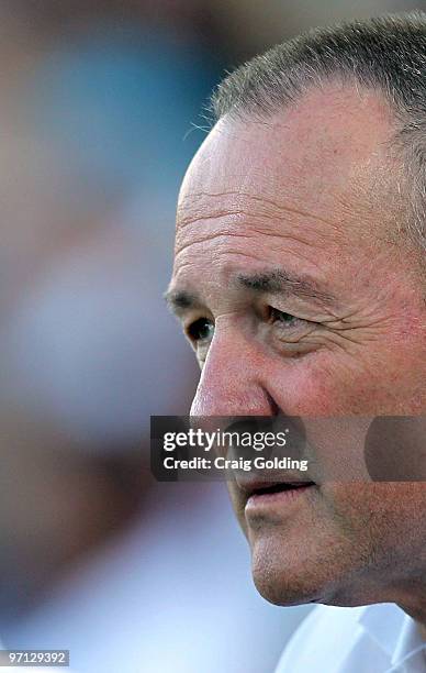 Tigers coach Tim Sheens looks on from the bench during the NRL trial match between the Wests Tigers and the Cronulla Sutherland Sharks at Bluetongue...