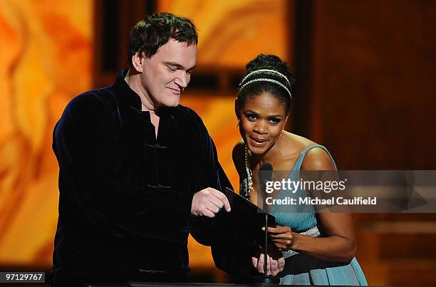 Director/producer Quentin Tarantino and actress Kimberly Elise speak onstage during the 41st NAACP Image awards held at The Shrine Auditorium on...