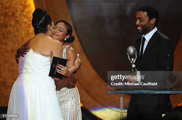 Actress Mo'Nique, Actress Tatyana Ali and Actor Chiwetel Ejiofor onstage during the 41st NAACP Image awards held at The Shrine Auditorium on February...