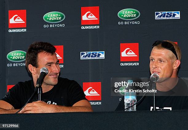 Joel Parkinson of Australia and Mick Fanning of Australia answer questions at the press conference during the Quiksilver Pro 2010 as part of the ASP...