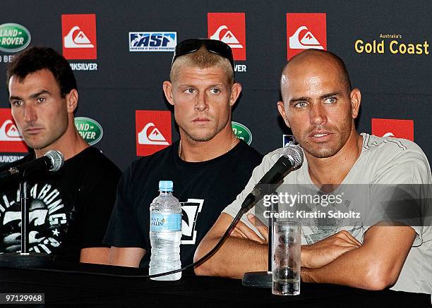 Joel Parkinson of Australia, Mick Fanning of Australia and Kelly Slater of the United States of America answer questions during the press conference...