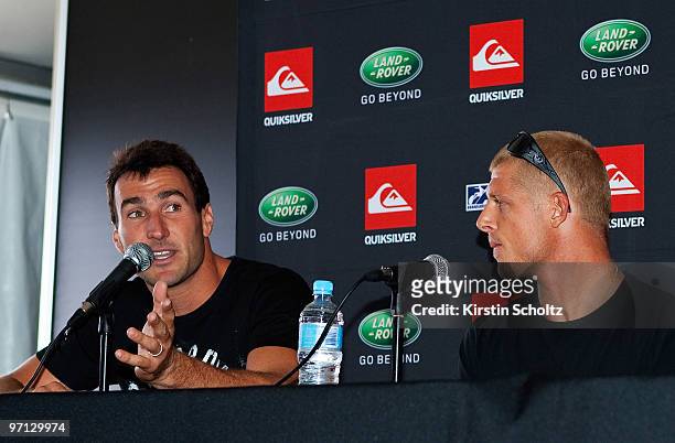 Joel Parkinson of Australia and Mick Fanning of Australia answer questions during the press conference at the Quiksilver Pro 2010 as part of the ASP...