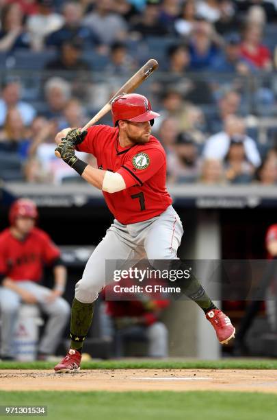 Zack Cozart of the Los Angeles Angels bats against the New York Yankees at Yankee Stadium on May 26, 2018 in New York City.