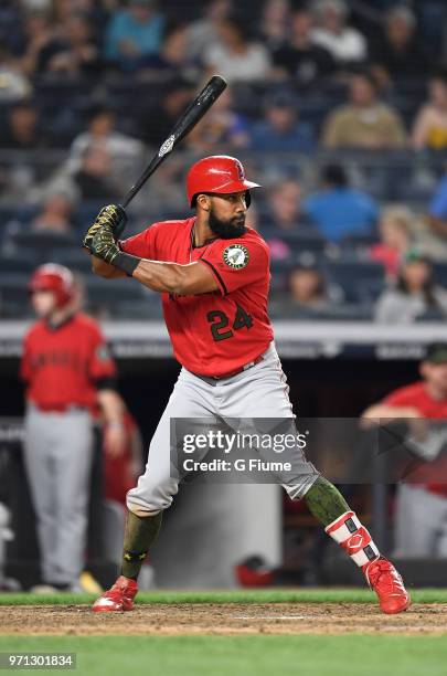 Chris Young of the Los Angeles Angels bats against the New York Yankees at Yankee Stadium on May 26, 2018 in New York City.