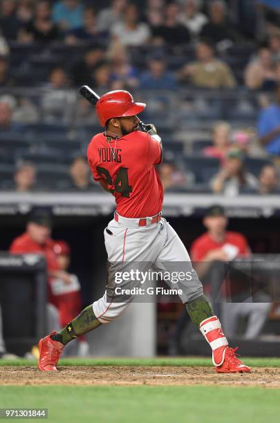 Chris Young of the Los Angeles Angels bats against the New York Yankees at Yankee Stadium on May 26, 2018 in New York City.