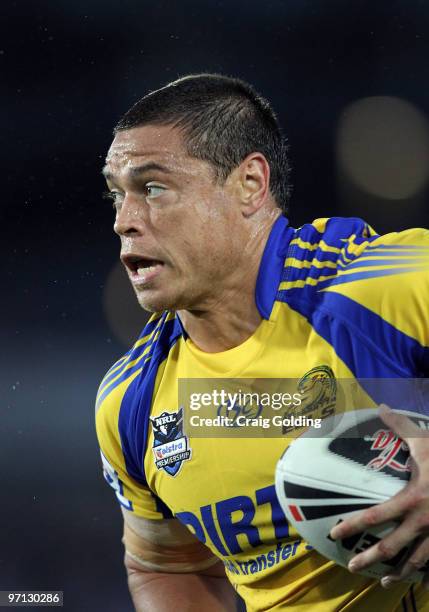 Timana Tahu of the Eels runs with the ball during the NRL trial match between the Sydney Roosters and the Parramatta Eels at Bluetongue Stadium on...