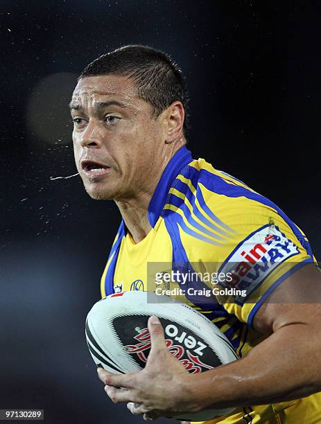 Timana Tahu of the Eels runs with the ball during the NRL trial match between the Sydney Roosters and the Parramatta Eels at Bluetongue Stadium on...
