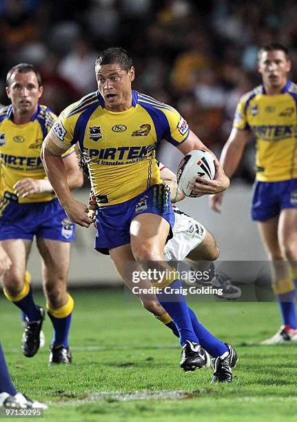 Timana Tahu of the Eels is tackled during the NRL trial match between the Sydney Roosters and the Parramatta Eels at Bluetongue Stadium on February...
