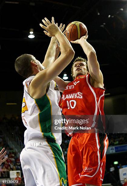 Larry Davidson of the Hawks shoots for the basket during game three of the NBL semi final series between the Wollongong Hawks and the Townsville...