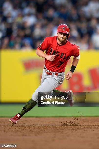Zack Cozart of the Los Angeles Angels runs the bases against the New York Yankees at Yankee Stadium on May 26, 2018 in New York City.