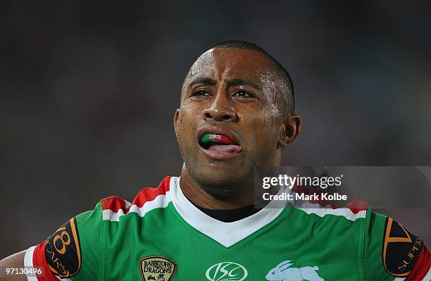 Roy Asotasi of the Rabbitohs watches the big screen as he leaves the field during the NRL Charity Shield match between the South Sydney Rabbitohs and...