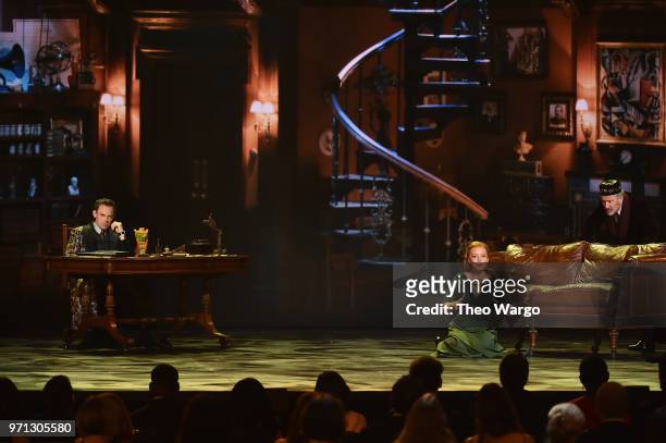 Harry Hadden-Paton, Lauren Ambrose, and the cast of My Fair Lady performs onstage during the 72nd Annual Tony Awards at Radio City Music Hall on June...