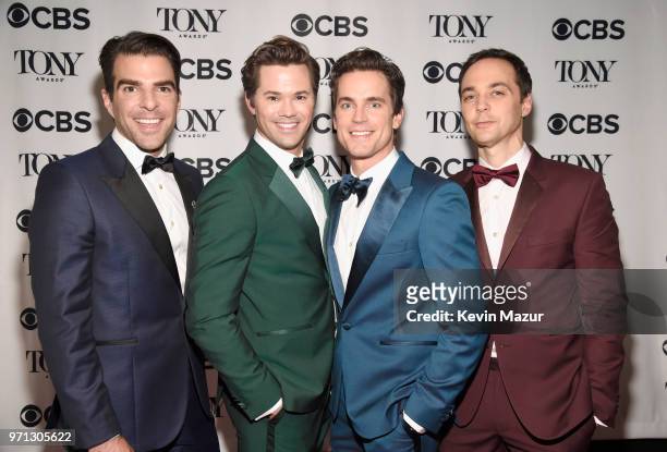Zachary Quinto, Andrew Rannells, Matt Bomer and Jim Parsons pose backstage during the 72nd Annual Tony Awards at Radio City Music Hall on June 10,...