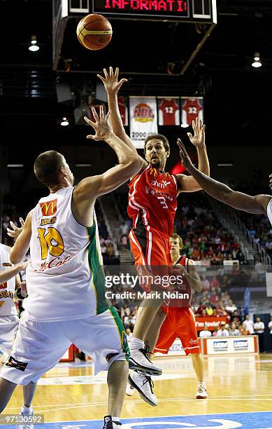 Rhys Martin of the Hawks passes during game three of the NBL semi final series between the Wollongong Hawks and the Townsville Crocodiles at...