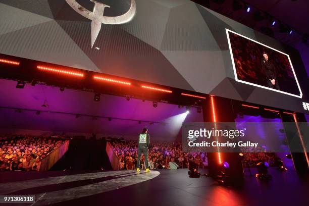 Joshua Boyle of Bethesda Softworks presents 'Quake Champions' onstage as Bethesda Softworks showed off new video game experiences at its E3 Showcase...