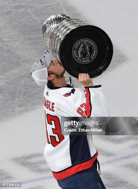 Jay Beagle of the Washington Capitals kisses the Stanley Cup after Game Five of the 2018 NHL Stanley Cup Final at T-Mobile Arena on June 7, 2018 in...