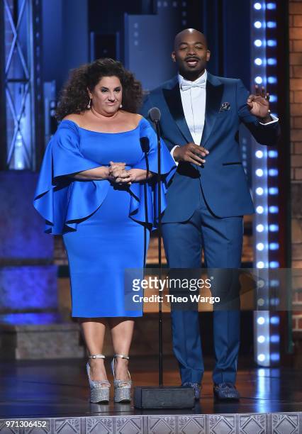 Marissa Jaret Winokur and Brandon Victor Dixon speak onstage during the 72nd Annual Tony Awards at Radio City Music Hall on June 10, 2018 in New York...