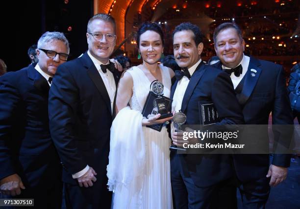 Katrina Lenk and Tony Shalhoub pose backstage during the 72nd Annual Tony Awards at Radio City Music Hall on June 10, 2018 in New York City.