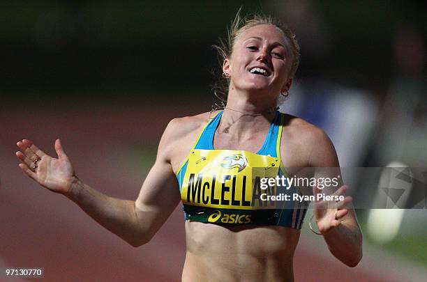 Sally McLellan of Australia celebrates as she wins the Women's 200m during the Sydney Athletics Grand Prix at Sydney Olympic Park Sports Centre on...