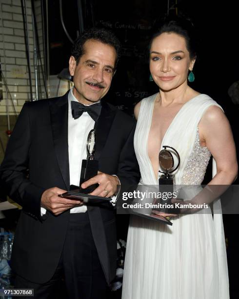 Tony Shaloub and Katrina Lenk pose backstage during the 72nd Annual Tony Awards at Radio City Music Hall on June 10, 2018 in New York City.