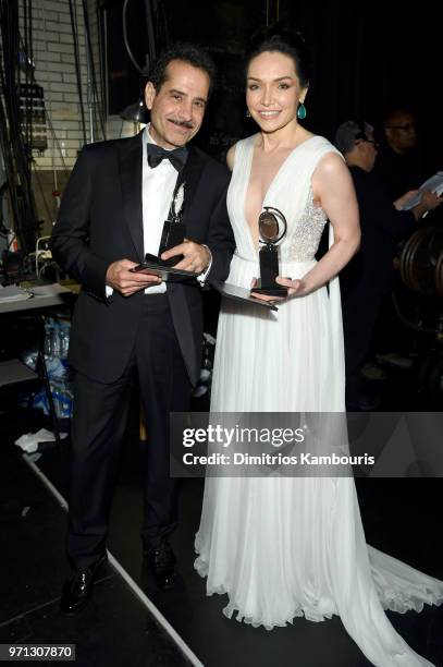 Tony Shaloub and Katrina Lenk pose backstage during the 72nd Annual Tony Awards at Radio City Music Hall on June 10, 2018 in New York City.