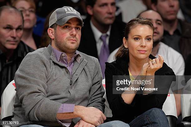 Alyssa Milano and David Bugliari attend a game between the Philadelphia 76ers and the Los Angeles Lakers at Staples Center on February 26, 2010 in...