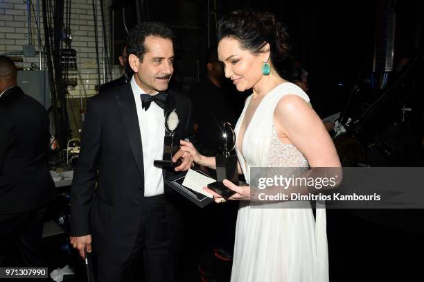 Tony Shaloub and Katrina Lenk pose backstage during the 72nd Annual Tony Awards at Radio City Music Hall on June 10, 2018 in New York City.