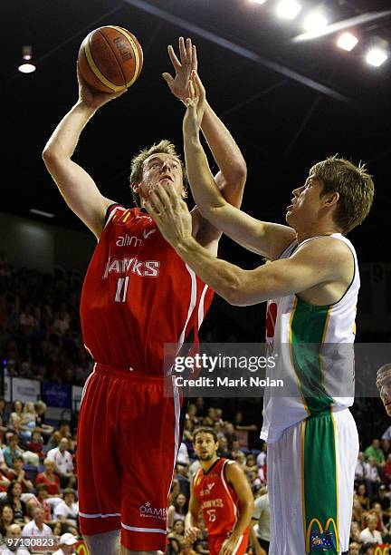 Cam Tragardh of the Hawks shoots for the basket during game three of the NBL semi final series between the Wollongong Hawks and the Townsville...