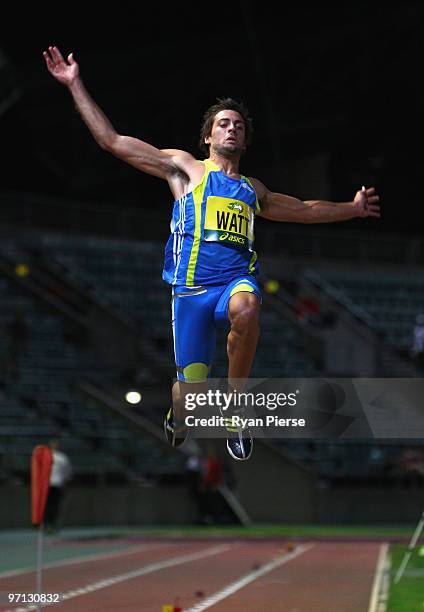 Mitchell Watt of Australia competes in the Men's Long Jump during the Sydney Athletics Grand Prix at Sydney Olympic Park Sports Centre on February...