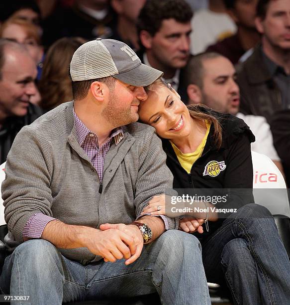 Alyssa Milano and David Bugliari attend a game between the Philadelphia 76ers and the Los Angeles Lakers at Staples Center on February 26, 2010 in...