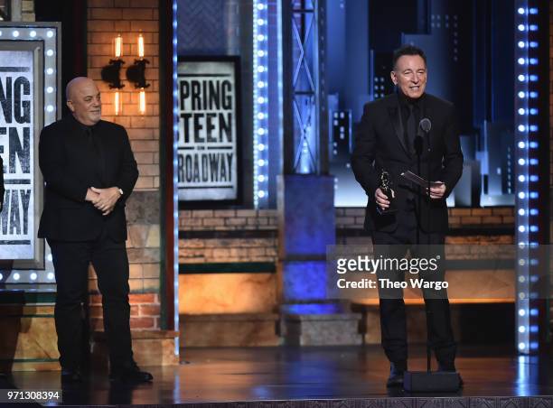 Billy Joel presents the Special Tony Award to Bruce Springsteen onstage during the 72nd Annual Tony Awards at Radio City Music Hall on June 10, 2018...