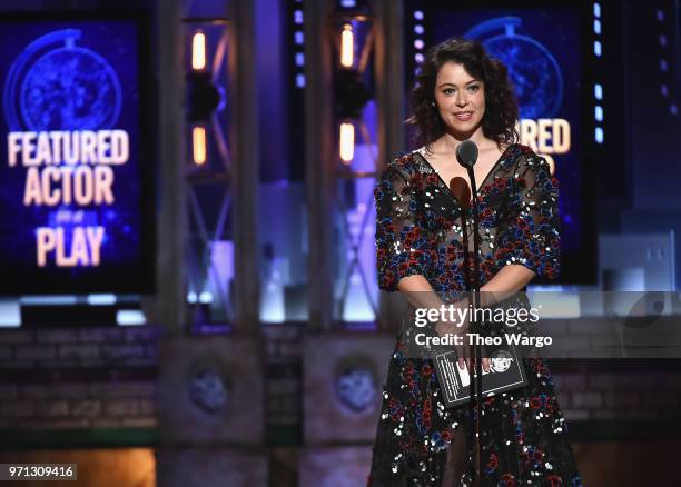 Tatiana Maslany presents an award onstage during the 72nd Annual Tony Awards at Radio City Music Hall on June 10, 2018 in New York City.