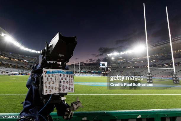Sky TV camera during the International Test match between the New Zealand All Blacks and France at Eden Park on June 9, 2018 in Auckland, New Zealand.