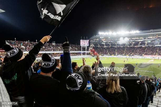 All Blacks fans cheer during the International Test match between the New Zealand All Blacks and France at Eden Park on June 9, 2018 in Auckland, New...