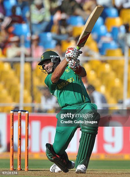 Jacques Kallis of South Africa drives through the covers during the 3rd ODI between India and South Africa from Sardar Patel Stadium on February 27,...