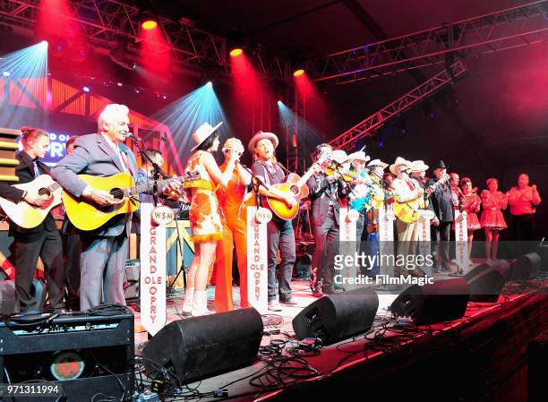 Del McCoury, Old Crow Medicine Show, Nikki Lane, Ruby Boots, Lanco, and Riders in the Sky perform onstage during Grand Ole Opry at That Tent during...